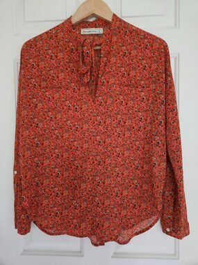 Abercrombie Rust Orange Floral Tie Front Blouse Roll Tab Sleeve Size S